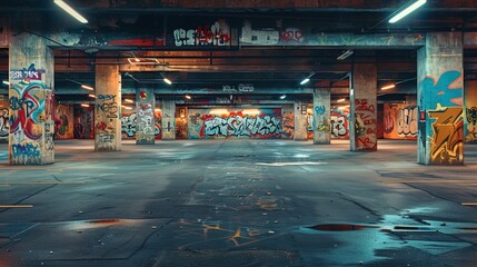 Empty underground parking with graffiti wall abstract background