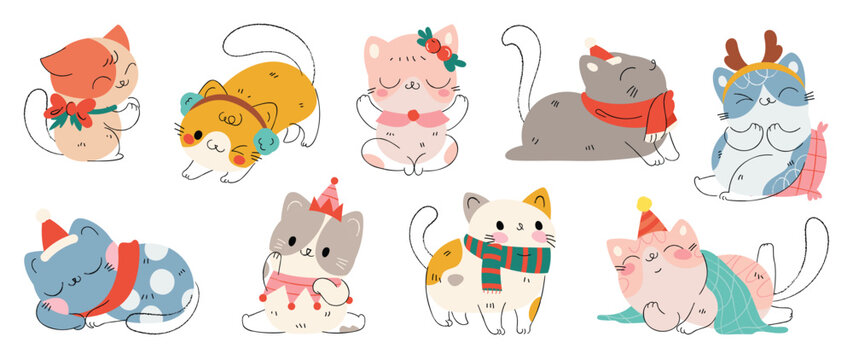 Merry christmas and winter concept background vector. Collection drawing of cute cats with decorative scarf, ribbon, hat. Design suitable for banner, print card, sticker, banner, cover.