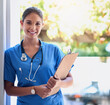 © N Hiraman/peopleimages.com - Woman, portrait and doctor with clipboard outdoor for medical prescription, checklist and patient information. Smile, healthcare worker and document for schedule, data report of treatment at clinic