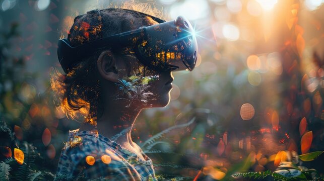 Young Boy in Modern VR Headset: Double Exposure with Dinosaurs and Jungle, White Background