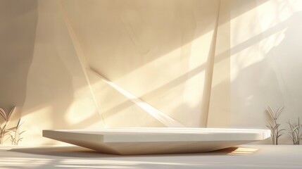 Leinwandbilder - A minimalist room with an elegant, geometric centerpiece illuminated by sunlight streaming through angular windows.