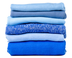 Wall Mural - Stack folded blue sweaters on white background isolation