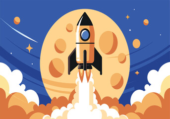 Wall Mural - a rocket is flying through the sky with a large moon in the background