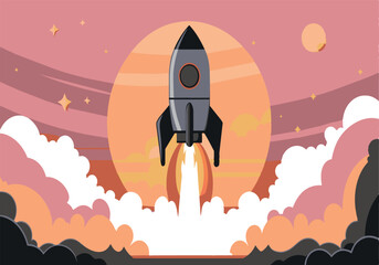 Wall Mural - a rocket is flying through the sky with a bright orange sun in the background