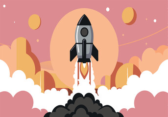 Wall Mural - a rocket is flying through the sky with a bright orange and pink background