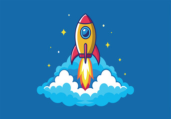 Wall Mural - a rocket is flying through the sky with a blue background