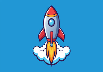 Wall Mural - a rocket is flying through the sky with a blue background