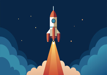 Wall Mural - a rocket is launching into the sky with a bright orange tail