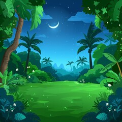 Wall Mural - beautiful jungle landscape nature digital art scene illustration, morning view with colorful cool bluish effect and clouds with bright sky through foggy, greeny mountain range coved with forest