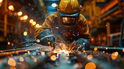 Wall Mural - A welder in protective gear is intensely working, with sparks flying around during the welding process