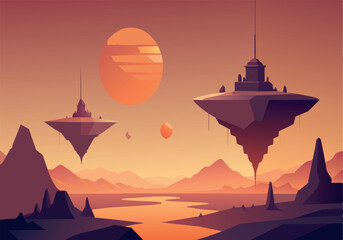 Wall Mural - a space scene with three floating cities and a large planet in the background