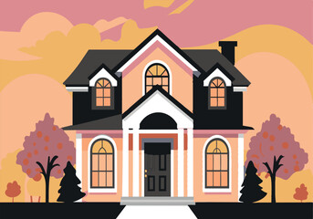 Wall Mural - A house with a black door and a white trim