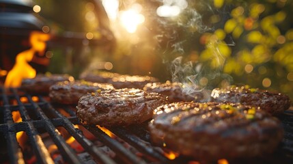 Burgers being grilled with an emphasis on sizzling juices and glowing embers in a warm, sunset light