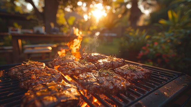 A close-up of juicy burgers cooking on a grill with flames, highlighting a summery outdoor cooking scene