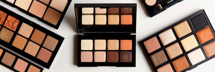 Poster - A flatlay showcasing several makeup palettes, including contouring and highlighting options, arranged neatly on a light background. Generative AI