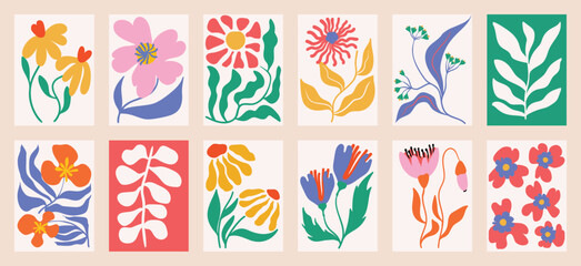 botanical doodle background art vector set. flower and leaves abstract shape doodle art design for p