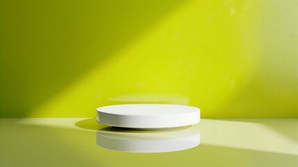 Poster - A white circular podium is illuminated by sunlight in a vibrant yellow room, casting subtle reflections and shadows.