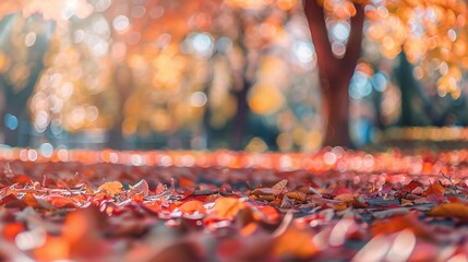Wall Mural - Blurred Autumn Leaves in a Summer Park: A Vibrant Wide-Angle Panorama with Red, Yellow, and Orange Hues, 4K HD Wallpaper，Summer, defocused colorful bright autumn ultra wide panoramic background with 