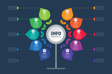 Business infograph concept with 10 steps. Tree. Template of diagram or brochure on dark background. Information chart or infographic of technology or education process with ten options.