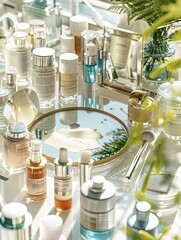 Poster - A well-organized tabletop mirror surrounded by various skincare products and accessories. Generative AI