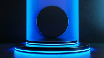 Poster - A circular black object is displayed on a pedestal illuminated with vibrant blue neon lights in a dark room.