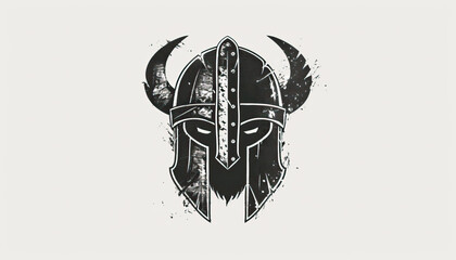 Wall Mural - Viking warrior helmet illustration, modern graphic design, isolated, copy and text space, close-up, macro, white background, black and white. Template, banner, background, wallpaper, backdrop