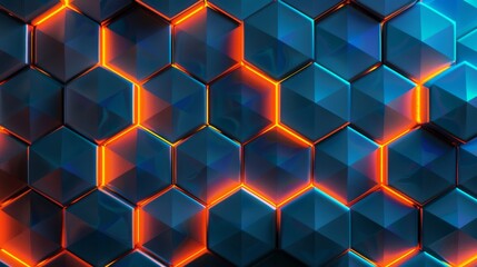 Abstract 3d hexagonal pattern with glowing orange and blue lights