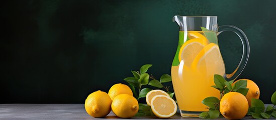 Aufkleber - A homemade pitcher of orange lemonade is displayed on a gray backdrop with a focused shot, creating a serene copy space image.