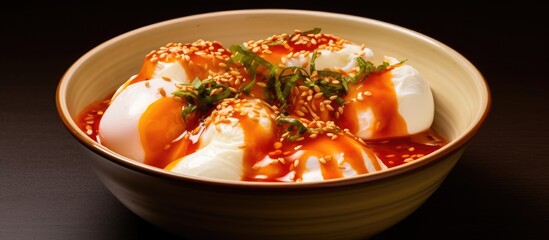 Fototapete - A plastic bowl containing poached eggs served with red sauce and enoki mushrooms against a plain background with copy space image.