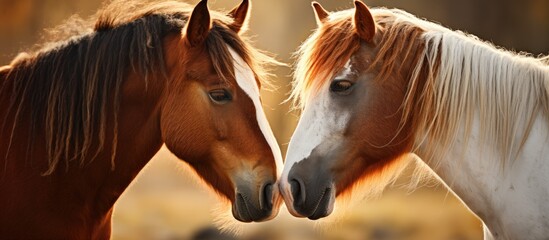 Poster - Two horses engaging in mutual grooming with a copy space image.