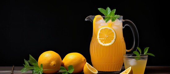 Aufkleber - A homemade pitcher of orange lemonade is displayed on a gray backdrop with a focused shot, creating a serene copy space image.