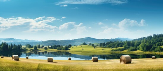 Aufkleber - Sunny summer day landscape with a stack of straw bales on a grassy field, a pond, a meadow, a forest, and hills in the background, providing copy space image.