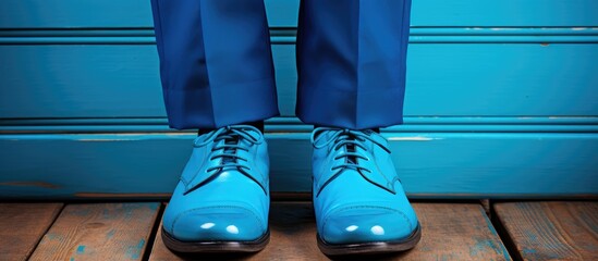 Aufkleber - Blue shoes and trousers symbolize comfort, with a vintage touch, in an image with blank space for text or designs. with copy space image. Place for adding text or design