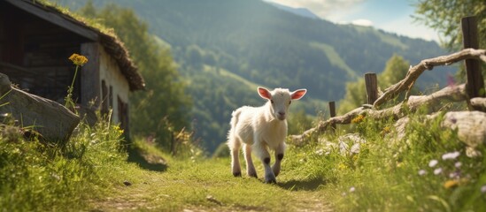 Poster - Small goat walking in a picturesque countryside setting with copy space image available.