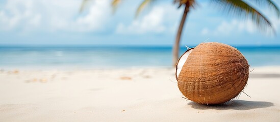 Aufkleber - Coconut resting on sandy beach with copy space image available.
