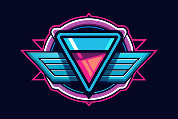 Poster - a colorful logo with a triangle and wings, Glass logo with a neon sign vibe