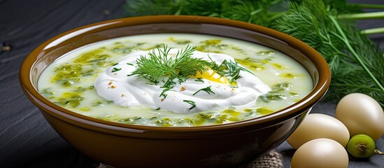 Close-up image of Okroshka, a Russian cold vegetable soup with a yogurt and sour-milk base, with space for text or graphic elements. with copy space image. Place for adding text or design