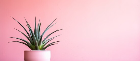 Aloe plant on pink wall background with a minimalist tropical design evoking a travel holiday relaxation concept against a backdrop reminiscent of the Canary Islands with copy space image.