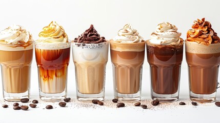 Wall Mural - Assorted coffee drinks in glasses, with whipped cream, on white background.