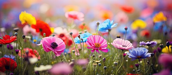 Poster - Colorful wildflowers bloom in a spring meadow, creating a vibrant background for a copy space image.