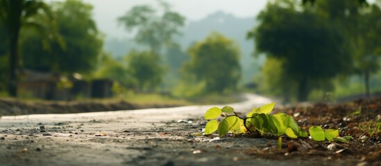 Aufkleber - Blurry foliage of untamed tree leaves bordering a rural road with rice fields in the background, creating a photogenic copy space image.