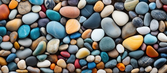 Poster - Top view of colorful pebbles on the sandy beach with a textured finish, creating an eye-catching copy space image.