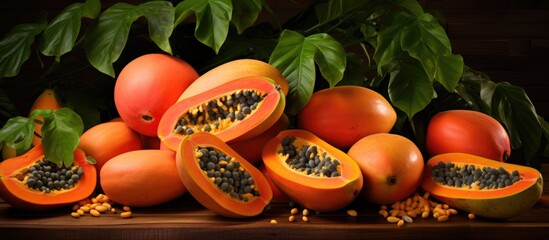 Leinwandbilder - Tropical fruits include papaya, displayed in a vibrant and enticing manner with plenty of copy space image.