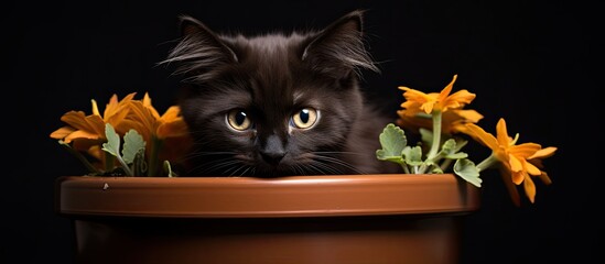 Aufkleber - A dark furred cat rests inside a flowerpot with space for text or images. with copy space image. Place for adding text or design