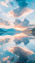 Wall Mural - Beautiful light blue clouds and mountains reflected in the water at dawn. Natural background. , 4k HD wallpapers, backgrounds, generated by AI.
