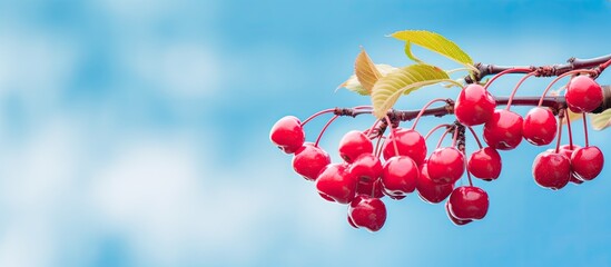 Poster - Tree branch with cherries, creates a picturesque scene with copy space image for adding text or graphics.