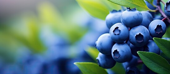 Ripe blueberries on a bush with a background of beautiful green leaves and endless possibilities for copy space image.