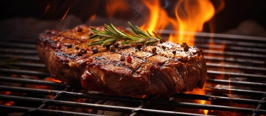 Fototapete - Grilled meat with a juicy texture and cooked evenly on the grill, providing an appetizing copy space image.