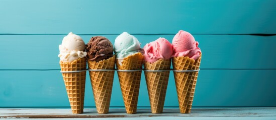 Aufkleber - Ice cream cones arranged in a metal basket on a blue wooden vintage background, with an appealing copy space image.