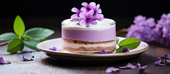 Poster - Sweet dessert decorated with a purple flower on top, creating an appealing look with a copy space image.